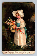 A Happy Birthday To You Little Girl Silk Dress Flowers Basket Postcard c1909 A22 picture