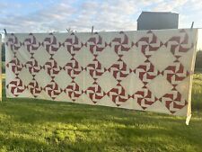 Vintage QUALITY Hand Stitched Quilt Twin Size Pinwheel Red/White picture