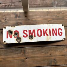 Vintage Porcelain No Smoking Sign Red & White With Bullet Holes 18 X 5 picture