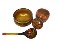 Vintage 4 pc. set Russian Laquered Hand Painted Lidded Wooden Khokloma Mint picture