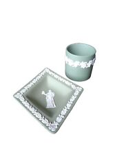 Vtg Wedgewood Green Jasperware Rare Diamond Shape Trinket and Cup picture