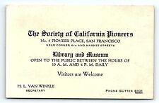 1920s SAN FRANCISCO CA SOCIETY OF CALIFORNIA PIONEERS BUSINESS CARD Z5210 picture