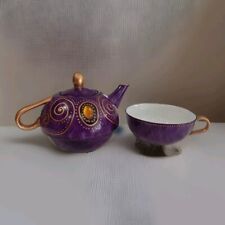 De Limoges France Porcelain Single Teapot w/ Matching Teacup Jeweled Purple Gold picture