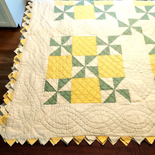 Signed Dated Pinwheel Quilt Hand Stitch 84x84 Sawtooth Edge Yellow Green VTG '31 picture
