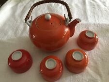 Orange Oriental Tea Pot Set. 3 Orange Cups 1 Red Cup. picture