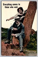 Lover's Couple Playful Time Everything Comes To Those Who Wait Comic Postcard picture