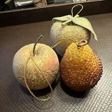 Vintage Sugared Beaded Fruit Christmas Ornaments Apples Pear 2-3” Lot of 3 picture
