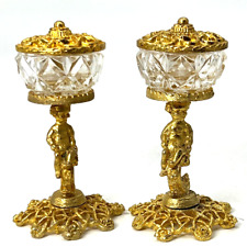 Pair of Vintage Elegant Gold Dore and  Glass Pedestal Lidded Salt Holders picture
