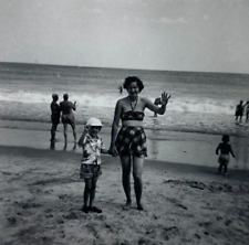 Woman & Boy Standing On Beach Waving At Camera B&W Photograph 3.5 x 3.5 picture
