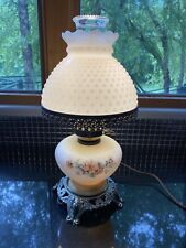 VTG Floral Painted White Hobnail Glass W/Brass Base & Ornate Accents Lamp 16”H picture