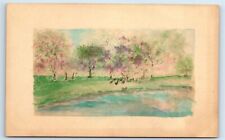 Postcard Hand-Painted Scene of Water, Green Grass and Trees J160 picture