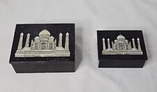 India Taj Mahal Inlay Mother of Pearl Black Marble Storage Trinket Box 4x3 & 3x2 picture