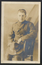 WWI US Soldier holds his hat - AZO c.1910-1930 STUDIO real photo postcard RPPC picture