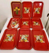 9 Vintage 1950s Tin Red Floral Lithograph Serving Trays 9x14