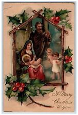 Christmas Postcard Religious Angels Holly Berries Embossed c1910's Antique picture