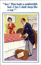 Newlyweds humor comfortable bed sleep? Artist Donald McGill top hat comic picture