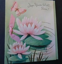 Lovely Vintage Get Well Card Pink Water Lily, Pink Butterfly, Real Ribbon C141 picture