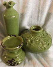 Beautiful Unique Lime Green Ceramic Crackle Candle Holder Tall & Short Vases picture