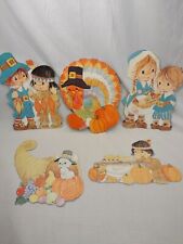 Vintage Thanksgiving Pilgrim Children Turkey Pumpkins Cardboard Die Cut Set of 5 picture