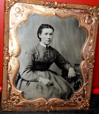 Sharp 1/6th Size Tintype of young lady in brass mat/frame picture