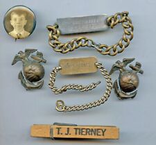 WWII WW2 USMC 1946 Marine Corps ID Bracelets x2, EGA Cap Badges x2 NAMED TIERNEY picture