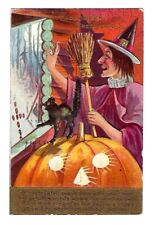 c1916 Nash Halloween Postcard Witch JOL & Black Cat picture
