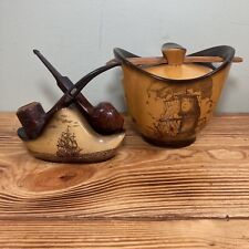 Vintage Tobacco Pipes Set Ceramic Humidor Pipe Stand Nautical Ship Sailboat picture