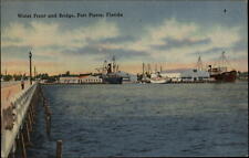 Water Front Bridge Fort Pierce Florida ships ~ 1940s linen postcard picture