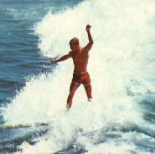 Very Fit Guy on Surfboard in Tight Bathing Suit Surfs a Wave Vintage Postcard picture