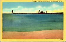 Vtg LInen Postcard CHARLOTTE NY New York TWIN LIGHT HOUSES Port of Rochester UNP picture