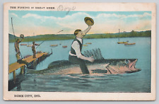 The Fishing is Great Here Rome City Indiana 1930 Exaggeration Postcard - Posted picture