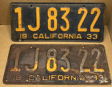 RARE 1933 PAIR DMV CLEARED ( CALIFORNIA ) 1J8322  LICENSE PLATE- VINTAGE picture