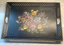 Vtg Hand Painted Large Floral Tole Nashco Metal Serving Tray Black 22x16 Signed picture