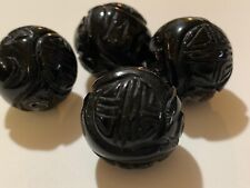 One Vintage Carved Chinese Bead Black Onyx Gemstone Shou Design Round 20mm picture