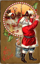 Vtg 1910s Merry Christmas Santa Hanging Ornaments Country Home Gold Postcard picture