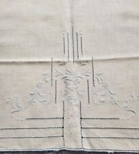 Antique Linen Runner Hand Embroidered Textile Light Blue Floral and Open Work picture