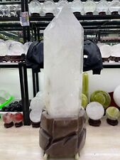 440LB TOP Natural clear quartz obelisk carved crystal wand point healing+stand picture