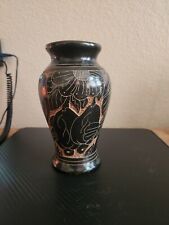 Folk Art Vase Hand Etched Ceramic Pottery Toucan and Bat Black Brown Signed picture