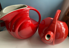 2 vtg Hall PITCHER LOT Chinese red streamline jug mcm disc teapot art deco 1338 picture