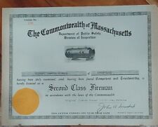 Vintage Commonwealth of Massachusetts 2nd Class Fireman cert. 1946 Somerville Ma picture