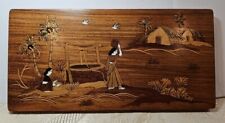 Vintage Folk Art Inlaid Rosewood Marquetry Women Well Water Hanging Plaque 12 In picture