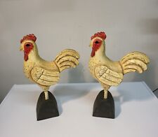 (2) Vintage  Wood  Carved  Roosters Chicken Metal Legs Farm Ranch Decor Figures  picture
