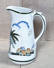 Vintage Art Pottery Tropical Milk Pitcher Vase Palm Trees Houses Ocean Sailboats picture
