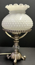 Antique Nickel Look Table Lamp w/ B&P White Cased Glass Hobnail Student Shade picture