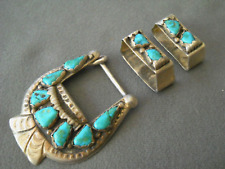 OLD Native American Turquoise Cluster Sterling Silver Stamped Buckle Ranger Set picture