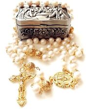 White Real Pearl Rose Gold Beads Catholic Rosary Cross Necklace Supper Box picture