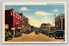 c1944 Linen Postcard Waterville ME Maine Main Street 1940s Cars picture