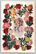 Postcard Beautiful Lady Romantic Classic Dress With Roses Flowers Wearing Bonnet picture