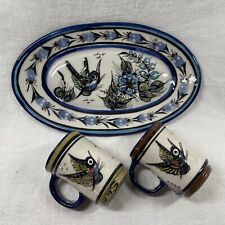 Mexican Talavera platter and espresso cup set Birds Hand painted Artist Signed picture