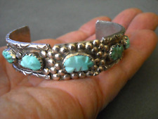 Native American Navajo Blue-Green Carved Turquoise Row Sterling Silver Bracelet picture